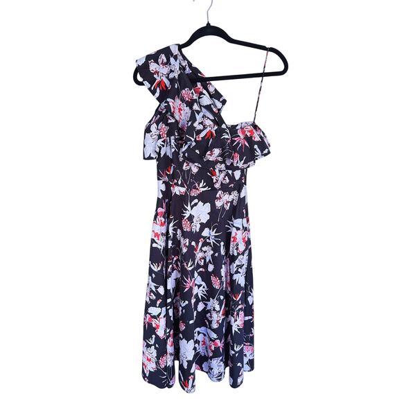 Jason Wu Floral One Shoulder Midi Dress 0 Black Wedding Guest Event Cocktail - Picture 12 of 12